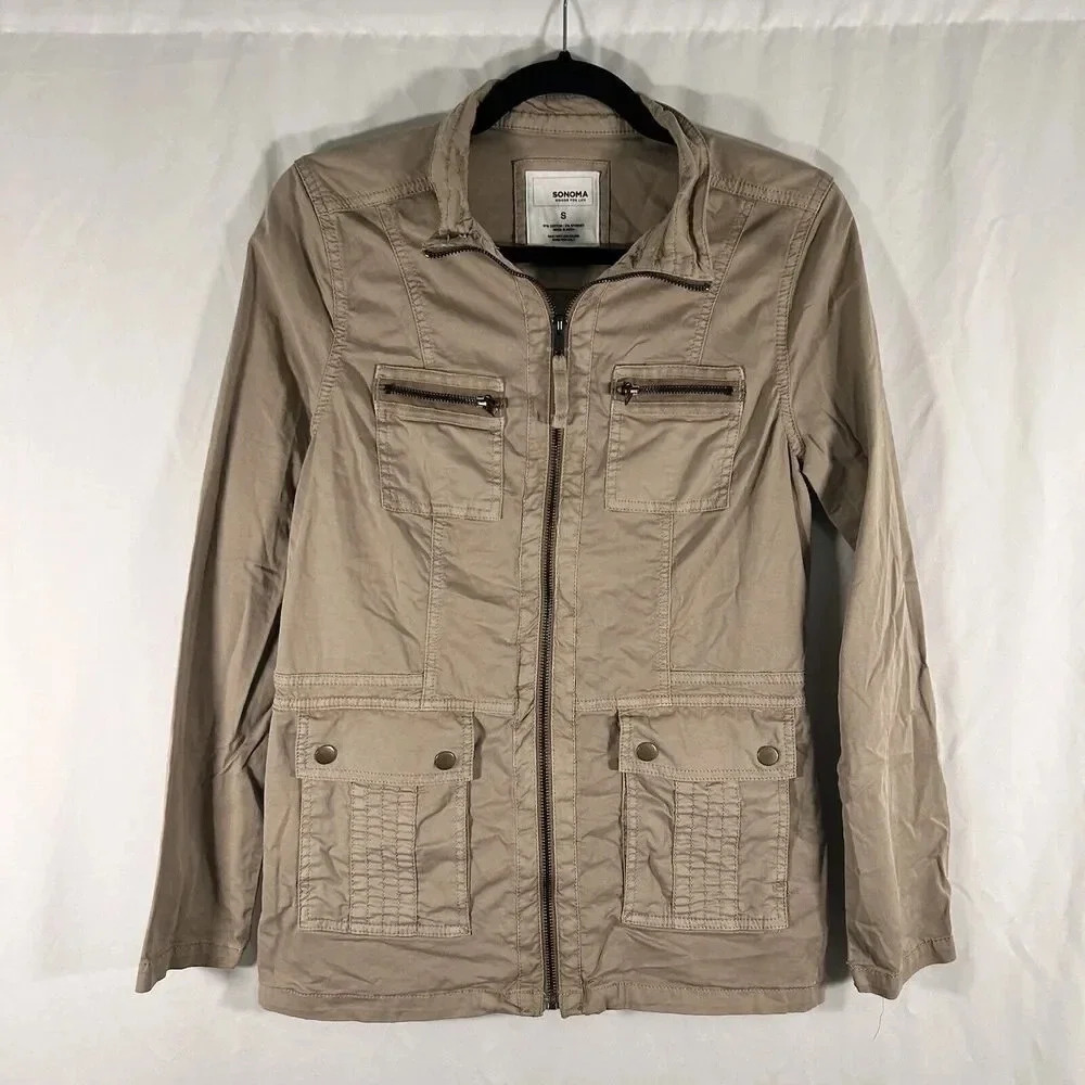 Sonoma Outdoor Jacket Women's Small Tan Full Zip Pockets Mock Neck Snap
